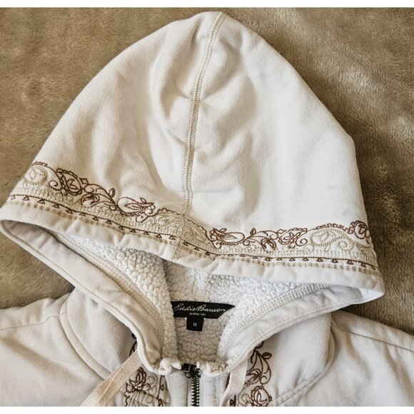 Eddie Bauer Full Zip Hooded Sweatshirt Sherpa Lined Women's Size Medium Ivory - Picture 2 of 13
